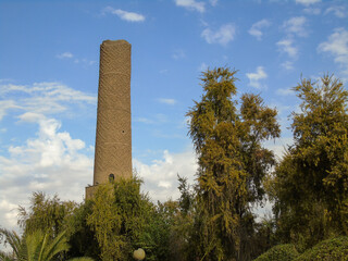 A tall minaret above rises behind trees in Erbil, Iraq © Stephen Rohan