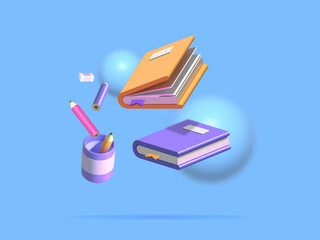 School supplies floating in the air with blue pastel background. Back to school and education concept