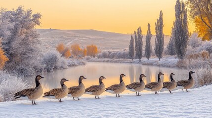 Geese lined up by a frosty river at sunrise. - Powered by Adobe