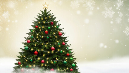 A serene winter wonderland scene with a majestic fir tree standing tall, adorned with vibrant red and green ornaments, generative ai