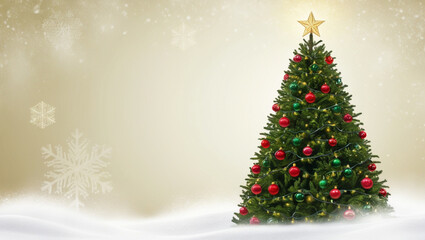 A serene winter wonderland scene with a majestic fir tree standing tall, adorned with vibrant red and green ornaments, generative ai