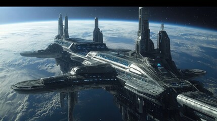 This futuristic space station, overlooking Earth, combines aesthetic design with functionality,