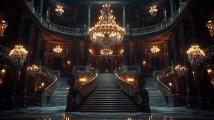 Obraz premium Grand staircase in an opulent hall with chandeliers.