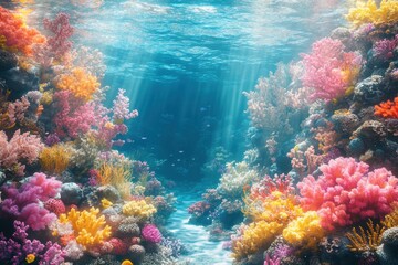 Fototapeta premium underwater wonderland, a lively coral reef teeming with colorful sea creatures, set in a tropical paradise, creating a captivating natural scenery below the blue waters
