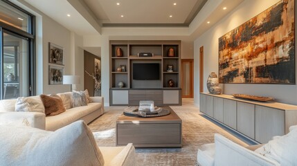 Fototapeta premium This home living room showcases a functional drawer, adorned with decorative pieces on the mockup wall, creating a warm and welcoming environment
