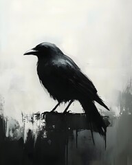 Fototapeta premium A striking silhouette of a raven perched on a branch, showcasing bold, abstract brush strokes in dark hues against a soft, muted background.