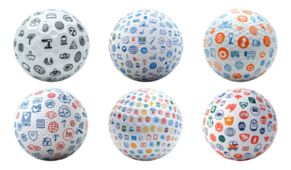 Colorful Isolated Balls with Icon Designs on Transparent Background