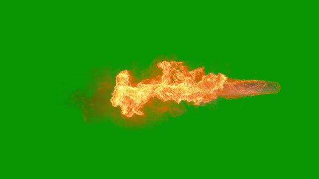 Rocket propulsion thruster exhaust with fire, smoke and heat, two speeds, 30p, with green screen for transparent background