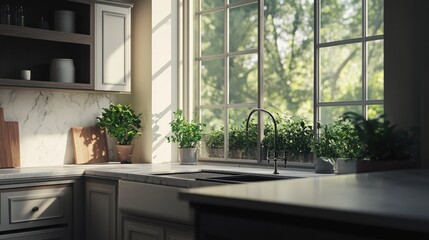 This image features a chic kitchen interior with a stylish cabinet, a functional sink, and a large window providing natural light.