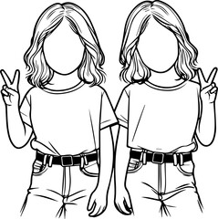 Black Line Art Cute Women Twin Fraternity Friendly Stand Pose Hand Drawn Illustration