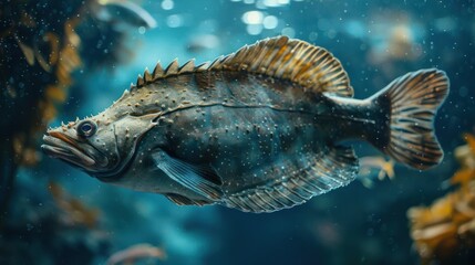 Obraz premium Underwater photo of a grouper with an underwater barcode tattoo on its face.