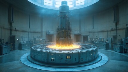 Industrial facility with a glowing reactor core.