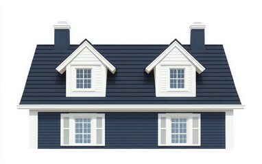 A stylized representation of a dark blue roof with two white dormer windows, featuring a subtle slope