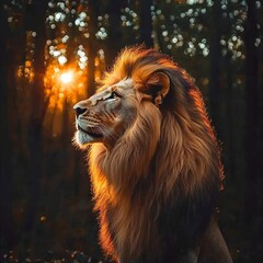 Fototapeta premium A majestic lion silhouetted against a golden sunset in a forest, highlighting its impressive mane and regal stature.
