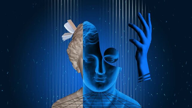 Abstract human antique statue and books. Creative idea symbol, art design or collage. Mental Health, thinking, psychology, education, intellectual development concept - 2D animation.