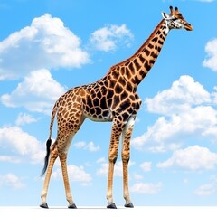 Obraz premium A majestic giraffe stands tall against a beautiful blue sky with fluffy white clouds, showcasing its unique patterns.