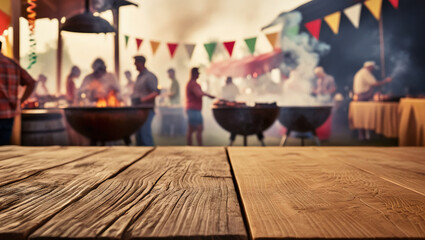 Empty wooden table top with barbecue festival background blurred, good for product display