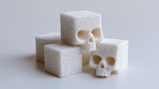 Unique skull-shaped sugar cube that draws attention to the dangers of sugar, such as: diabetes, obesity, and unhealthy lifestyle.