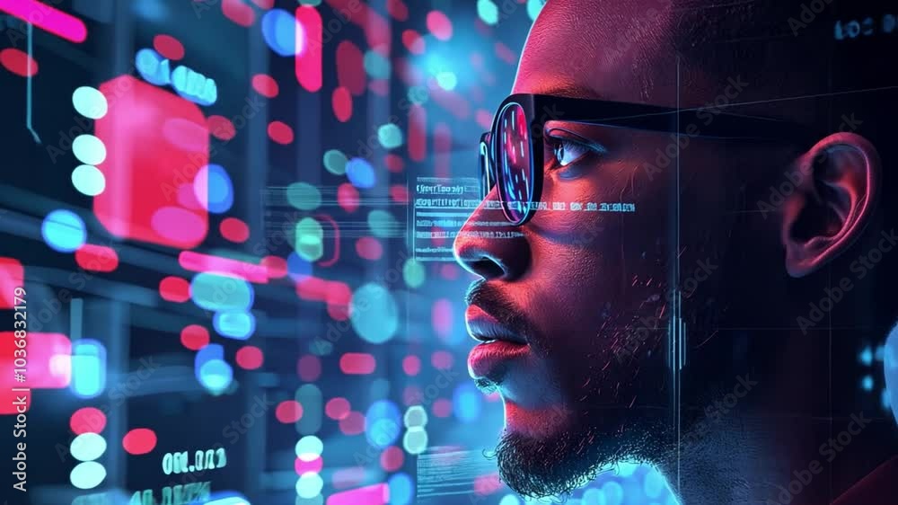 Leinwandbilder a young man in glasses observes vibrant digital data swirling around him, reflecting deep concentrat