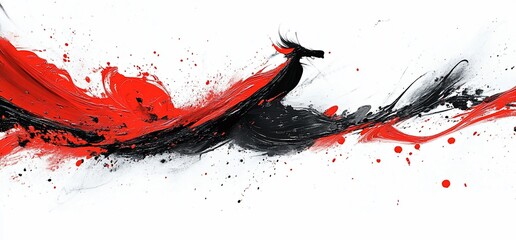 Abstract red and black paint splatter design with white background.