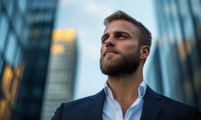 Fototapeta premium Successful businessman exudes confidence as he stands among tall buildings in a bustling city, demonstrating a combination of professionalism and style.
