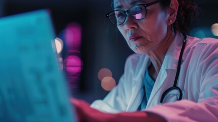 Evening work scene featuring a doctor at a laptop, addressing neck pain, stress, and mental health concerns while reviewing medical responsibilities and research