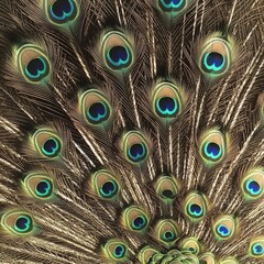 Obraz premium Vibrant close-up of a peacock's iridescent feathers, showcasing intricate patterns and vivid colors.