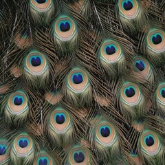 Close-up of a vibrant peacock feather pattern showcasing intricate eye-like designs in greens and blues.