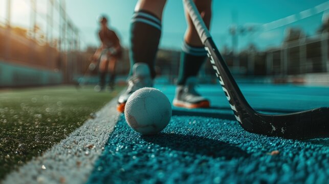 Athletes engaged in field hockey training or competition in an outdoor setting. Focus on fitness, teamwork, and skill development on a turf court with sticks and a ball - Powered by Adobe
