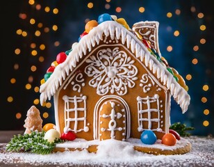 Gingerbread house with glass decorations and candies on table against dark background with Christmas lights