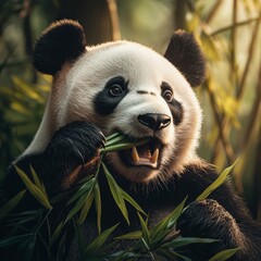 Fototapeta premium A close-up of a panda munching on bamboo in a lush forest setting, showcasing its playful expression and fluffy fur.