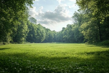 nature landscape, a serene meadow next to a dense forest, with winding streams and lush greenery, offering a peaceful natural setting with space for text