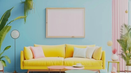 Interior desgin of modern living room interior with mock up poster frame, colorful decorations and accessories, plants, sofa, coffee table. Blue wall. Home decor 
