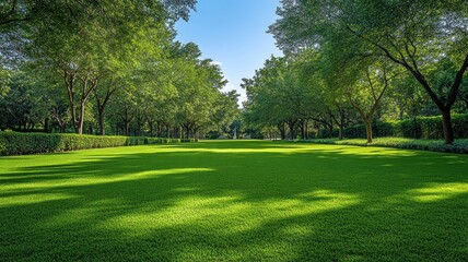 Obraz premium Lush green park with trees and open lawn space.