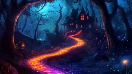 A mystic, glowing path leading to a haunted house in a dark, enchanted forest.