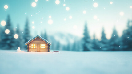 Fototapeta premium Winter vacation illustration of a bustling ski resort set against snowy forest.