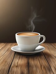 A steaming cup of coffee on a wooden table, inviting and warm, perfect for a cozy morning.