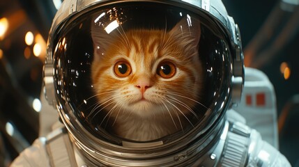 Floating tabby kitten in an astronaut helmet with cosmic reflections on the visor. A cute and whimsical image combining space exploration with a curious kitten.
