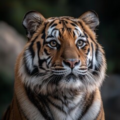 Obraz premium A majestic adult Bengal tiger gazes intently, showcasing its striking orange coat and bold black stripes.