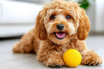 A cheerful Maltipoo dog plays with a yellow ball, filling the home with lively playfulness. Copy space.