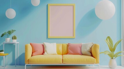 Interior desgin of modern living room interior with mock up poster frame, colorful decorations and accessories, plants, sofa, coffee table. Blue wall. Home decor 