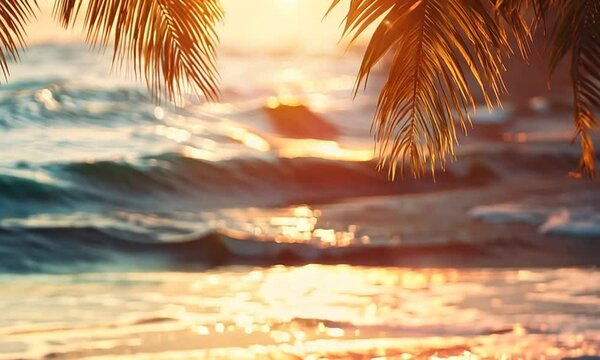 Close-up of calm ocean water with palm leaves in the background.