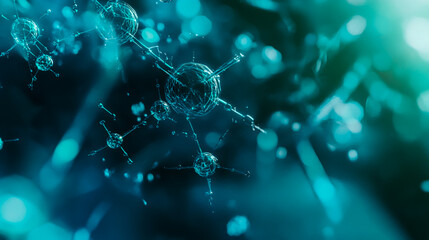 Digital background with blue and teal molecules and futuristic tech interface elements.