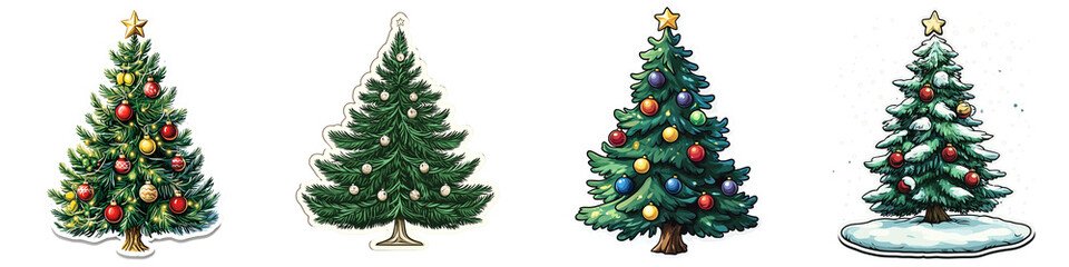 Festive Christmas trees in various styles, adorned with colorful ornaments and star on top, evoke joyful holiday spirit. Perfect for seasonal decorations and celebrations