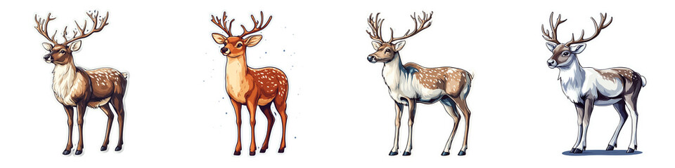 Obraz premium Cute and colorful reindeer illustrations showcasing different fur patterns and colors. These charming characters embody festive spirit of Christmas and winter celebrations