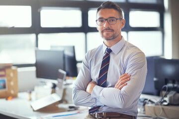 Portrait, confidence and mature business man with company experience, pride and integrity in office. Face, arms crossed and expert manager, professional and tax consultant with glasses in Finland