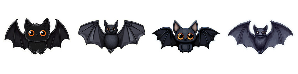 Cute cartoon bats with large eyes and varying wing positions, perfect for Halloween decorations or themed designs. These adorable creatures add playful touch to any spooky setting