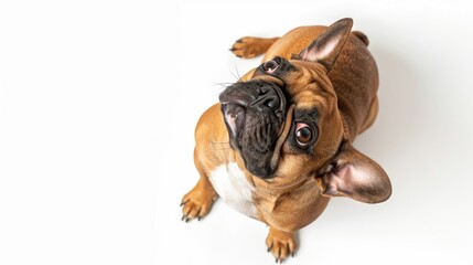 A friendly-looking brown and white dog gazes directly at the camera, its expression inviting and curious