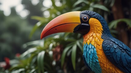 Fototapeta premium Close-up of a colorful toucan sculpture with a long, orange beak against a background of green foliage.