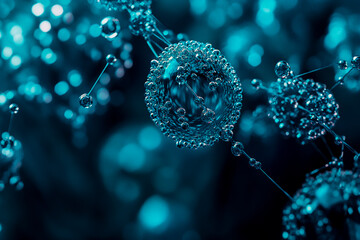 Digital background featuring teal blue holographic molecules and chemical structures.